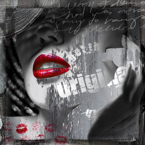 Micha Baker, Waiting (Mund, rote Lippen, lasziv, Verführung, Lippenstift, Frau, Portrait, Pop Art,Typographie, Fotokunst, Jugendzimmer, Wohnzimmer, Treppenhaus, Wunschgröße, bunt)