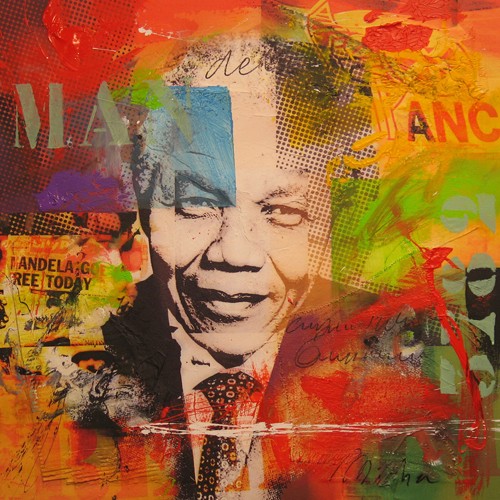 Micha Baker, Mandela (Mandela, Persönlichkeiten, Portrait, Idol, Pop Art, Collage, Typografie, Fotokunst, Jugendzimmer, Wohnzimmer, Treppenhaus, Wunschgröße, bunt)