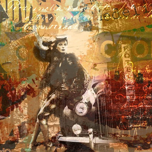 Micha Baker, Rendezvous (Frau, Dame, Oldtimer, Persönlichkeiten, Portrait, Idol, Pop Art, Collage, Typografie, Fotokunst, Jugendzimmer, Wohnzimmer, Treppenhaus, Wunschgröße, bunt)