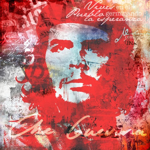 Micha Baker, Che (Che Guevarra, Rebell, Revolutionär, Persönlichkeiten, Portrait, Idol, Pop Art, Collage, Kaligrafie, Fotokunst, Jugendzimmer, Wohnzimmer, Treppenhaus, Wunschgröße, bunt)