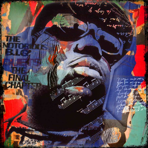 Micha Baker, The notorious B.I.G. (The Notorious B.I.G., Rapper, Persönlichkeiten, Portrait, Idol, Pop Art, Collage, Typografie, Fotokunst, Jugendzimmer, Wohnzimmer, Treppenhaus, Wunschgröße, bunt)