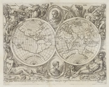 Adam Elsheimer, Karte der Erdhemisphren (Weltkarten, Hemisphären, figurativ, Kontinente, Klassiker, Grafik, Wunschgröße, Wohnzimmer, Büro, schwarz/weiß)