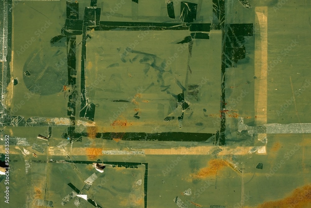 Old green painted rusty metal plate with scraps of adhesive tape, Azahara MarcosDeLeon  (Abstrakte Malerei, Wohnzimmer, Büro)