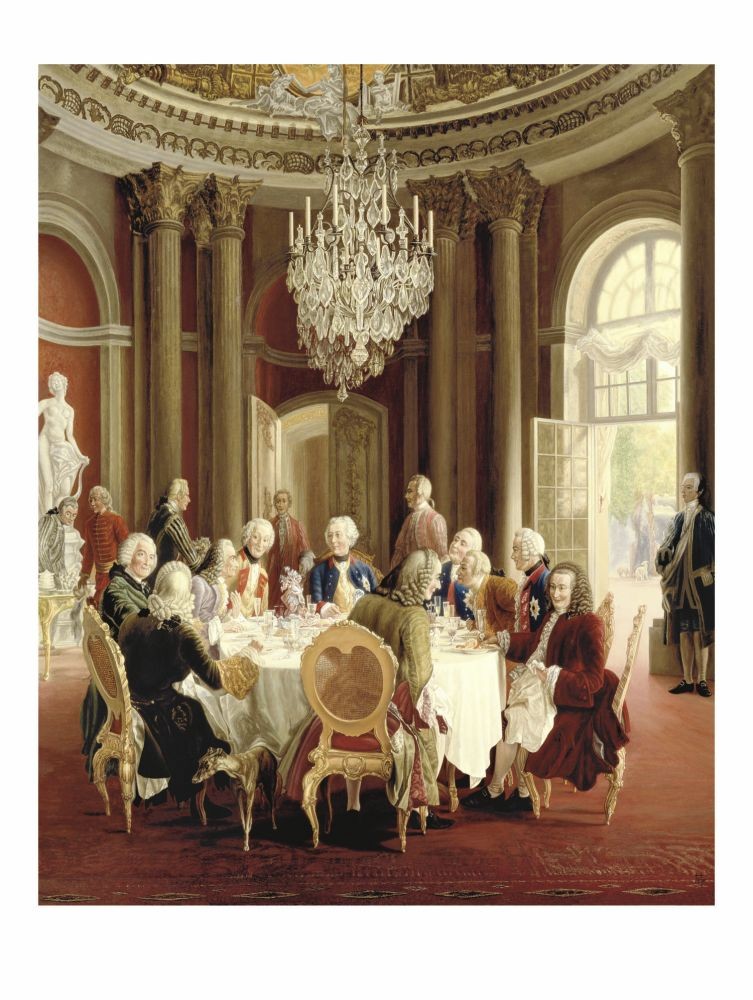 Adolph von Menzel, Guests At Table (König Friedrichs II. Tafelrunde in Sanssouci, 1850, Voltaires, Casanovas, Tafelrunde, Gäste, vornehm, Malerei, Klassiker, Wohnzimmer, Esszimmer, bunt)