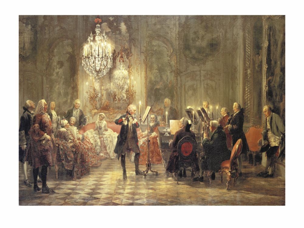 Adolph von Menzel, The Flutist (Musik, Konzert, Flötenkonzert, Friedrich der Große, Preußenkönig, Schloss Sanssouci, Musikinstrumente,  deutscher Realismus, 19. Jahrhundert, Saal, Menschen, Leute, Fest, festlich, Klassiker, Malerei, Wohnzimmer,)