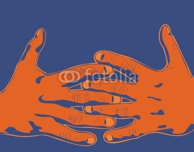Adrian Hillman, Hands (Wunschgröße, Fotokunst, Pop Art, Hände, Finger, Daumen, Arztpraxis, Wohnzimmer, blau / orange)