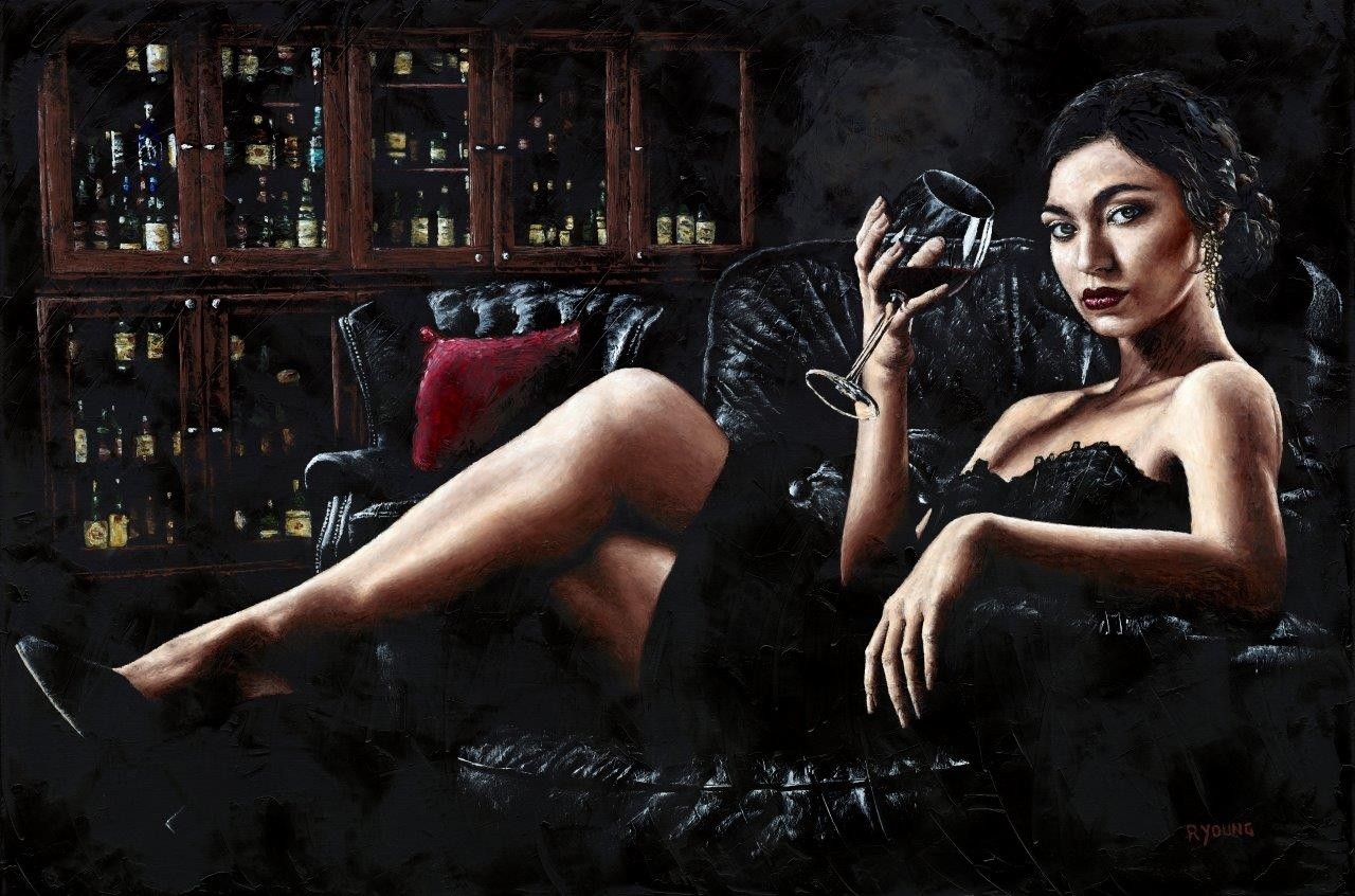 Richard Young, After Dinner (Frau, erotisch, Diva, Eleganz, Rotwein, Nachtszene, Malerei, zeitgenössischer Realismus, Wohnzimmer, Bar, Esszimmer, Wunschgröße, bunt)