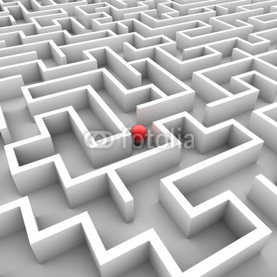 ag visuell, 3D-Grafik: Labyrinth mit roter Kugel (labyrinth, rätseln, finden, rätseln, straßen, ausgang, nachforschungen, geschosse, orientierung, abtrennung, rechtsbehelf, labyrinth, zielen, entscheidung, irrweg, nachforschungen, probleme, verloren, navigation, navigieren, erfolg, business, idee)