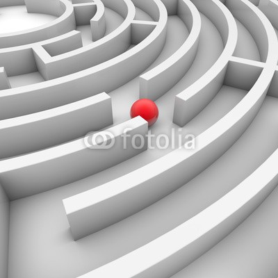 ag visuell, 3D-Illustration: Labyrinth mit roter Kugel (labyrinth, rätseln, finden, rätseln, straßen, ausgang, nachforschungen, geschosse, orientierung, abtrennung, rechtsbehelf, labyrinth, zielen, entscheidung, irrweg, nachforschungen, probleme, verloren, navigation, navigieren, erfolg, business, idee)