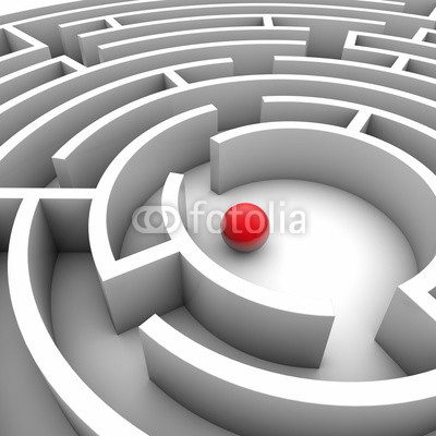 ag visuell, Labyrinth mit roter Kugel in der Mitte (labyrinth, rätseln, finden, rätseln, straßen, ausgang, nachforschungen, geschosse, orientierung, zentrum, abtrennung, rechtsbehelf, labyrinth, zielen, entscheidung, irrweg, nachforschungen, probleme, verloren, navigation, navigieren, zentrum, erfol)
