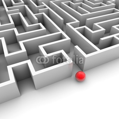 ag visuell, Labyrinth mit roter Kugel (labyrinth, rätseln, finden, rätseln, straßen, ausgang, nachforschungen, geschosse, orientierung, abtrennung, rechtsbehelf, labyrinth, zielen, entscheidung, irrweg, nachforschungen, probleme, verloren, navigation, navigieren, erfolg, business, idee)