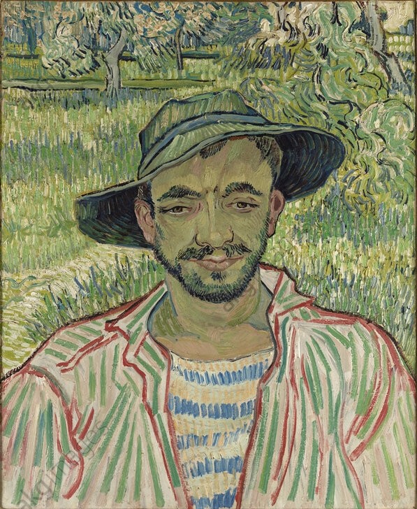 Vincent van Gogh, Der Gärtner (Gärtner, Garten, Mann, Menschen, Bart, Hut, Portrait,  Hemd, Streifen, Brustbild, Klassische Moderne, Impressionismus, Wohnzimmer, Treppenhaus, Wunschgröße, bunt)