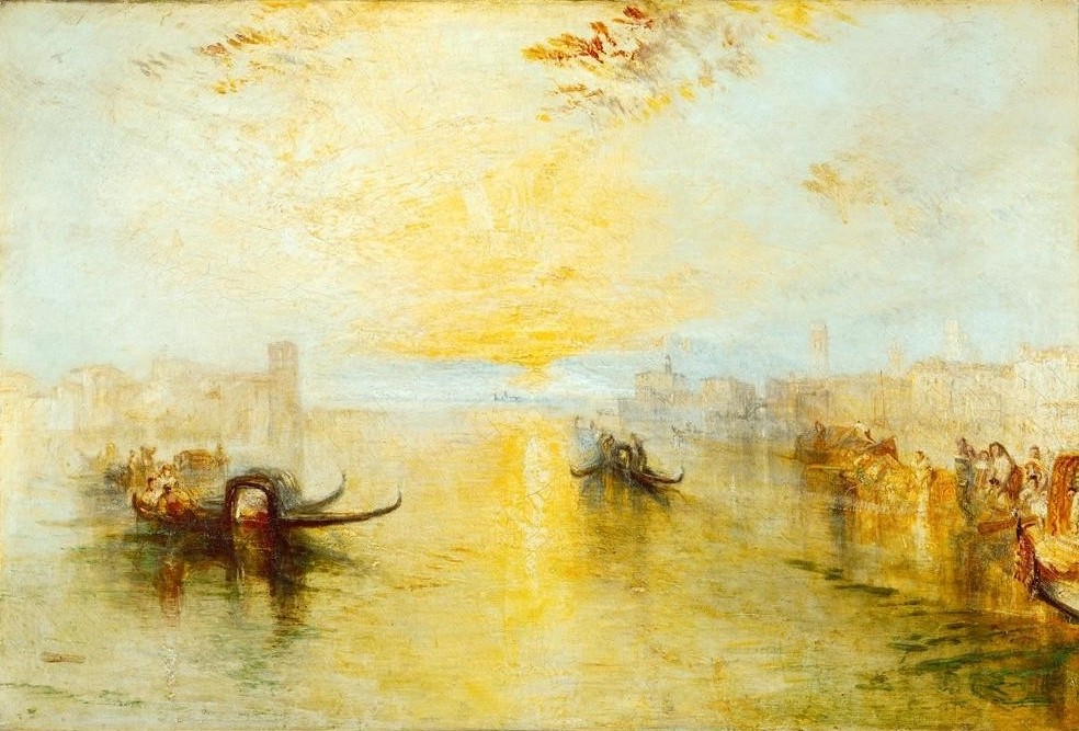 JOSEPH MALLORD WILLIAM TURNER, St. Benedetto, looking towards Fusina (Architektur,Geographie,Hafen,Kirche,Landschaft,Schiff,Sonnenuntergang,Gondel,Impressionismus,Glockenturm,Stadtansicht,Englische Kunst,Kirchturm,Romantik,Topographie,Uhrturm,Schifffahrt)