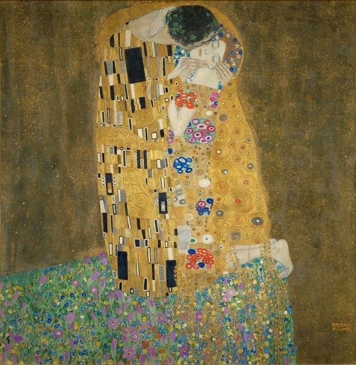 Gustav Klimt, Der Kuß  (Klassische Moderne, Malerei, dekorativ, Jugendstil, Eros&People, Frau, Mann, Umarmung, Erotik, Ornamente, geometrische Formen, Detail,  Wohnzimmer, Treppenhaus, Schlafzimmer)