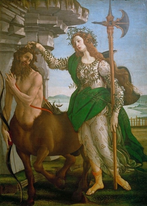 Sandro Botticelli, Minerva und Kentaur (Göttin, Minerva, Helebarde, Waffe, Kentaur, Fabelwesen, Mischwesen, Mythologie, Renaissance, Klassiker, Schlafzimmer, Wohnzimmer, Wunschgröße, bunt)