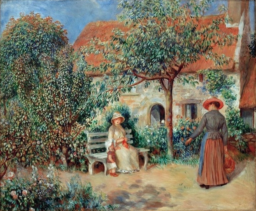 Pierre-Auguste Renoir, Scene du jardin en Bretagne (Maler (Künstler),Mutter Und Kind,Bank (Sitzgelegenheit),Sommer,Impressionismus,Kleinkind,Ehefrau Von Berühmten,Hausgarten,Künstlerfrau,Schüchternheit,Französische Kunst,T-Shirt,Heile Welt,Menschen Im Garten,Sohn Von Berühmten,Sonnenschein,Streifen,Garten)