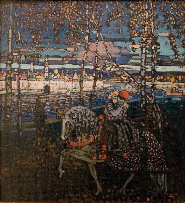 Wassily Kandinsky, Reitendes Paar (Kunst,Landschaft,Liebespaar,Märchen,Pferd (Tier),Stadt,Volkskunde,Reiter,Der Blaue Reiter,Russische Kunst,Paar,Tier,Reiten,Neue Kuenstlervereinigung Muenchen,Land Und Leute,Signatur)