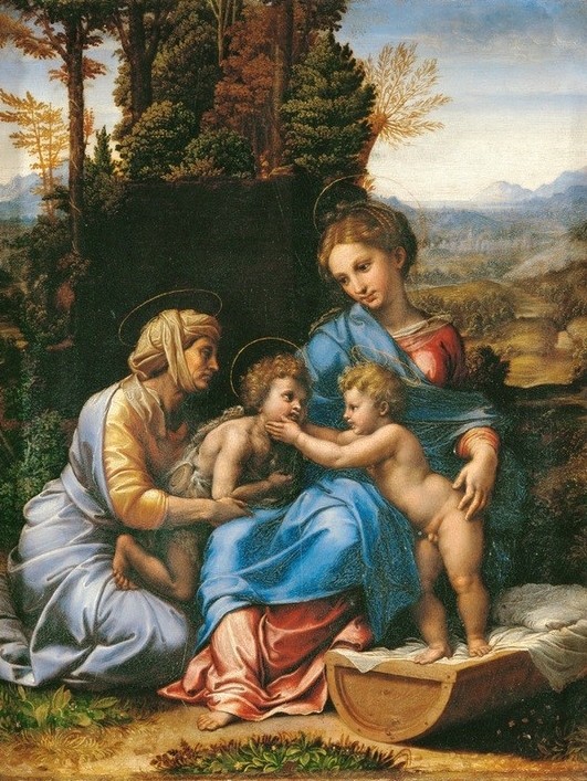 Raffael, Die Kleine Heilige Familie (Mutter Und Kind,Religion,Renaissance,Maria Mit Kind,Wiege,Italienische Kunst,Jesusknabe Und Johannesknabe,Heilige Sippe)