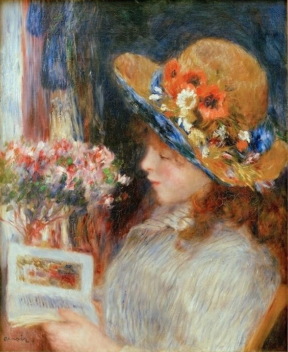 Pierre-Auguste Renoir, Jeune fille lisant (Botanik,Buch,Damenhut,Fenster,Frau,Jugend (Lebensalter),Kind,Leser,Literatur,Mädchen,Maler (Künstler),Kornblume,Impressionismus,Hut,Portrait,Strohhut,Lesen (Allgemein),Französische Kunst,Klatschmohn,Profil,Margerite,Blume,Leserin)