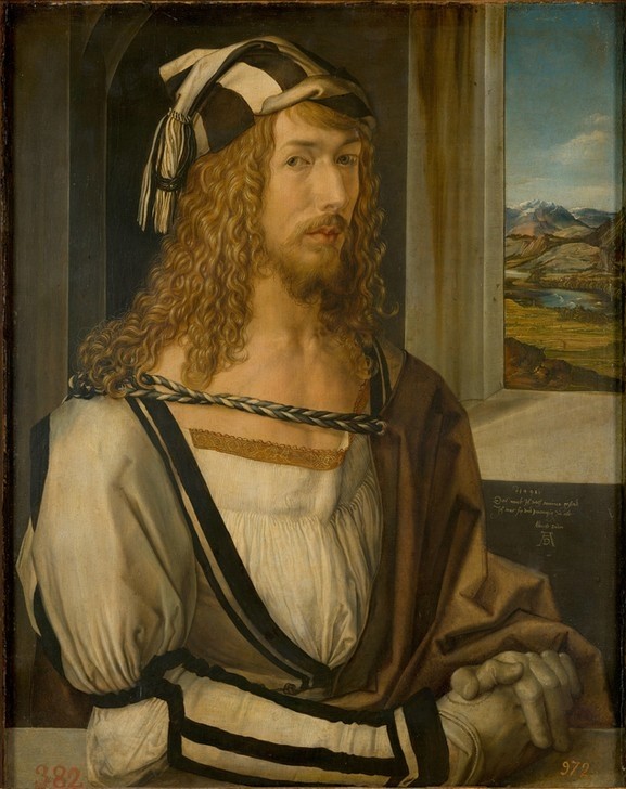 Albrecht Dürer, Selbstbildnis (Deutsche Kunst,Grafiker,Haarmode,Handschuh,Herrenmode,Kopfbedeckung,Künstler,Kunst,Maler (Künstler),Mann,Mode,Bart,Selbstbildnis,Renaissance,Portrait,Zipfelmütze,Langes Haar,Locke,Person,Holzschneider,Mütze,Junger Mann)