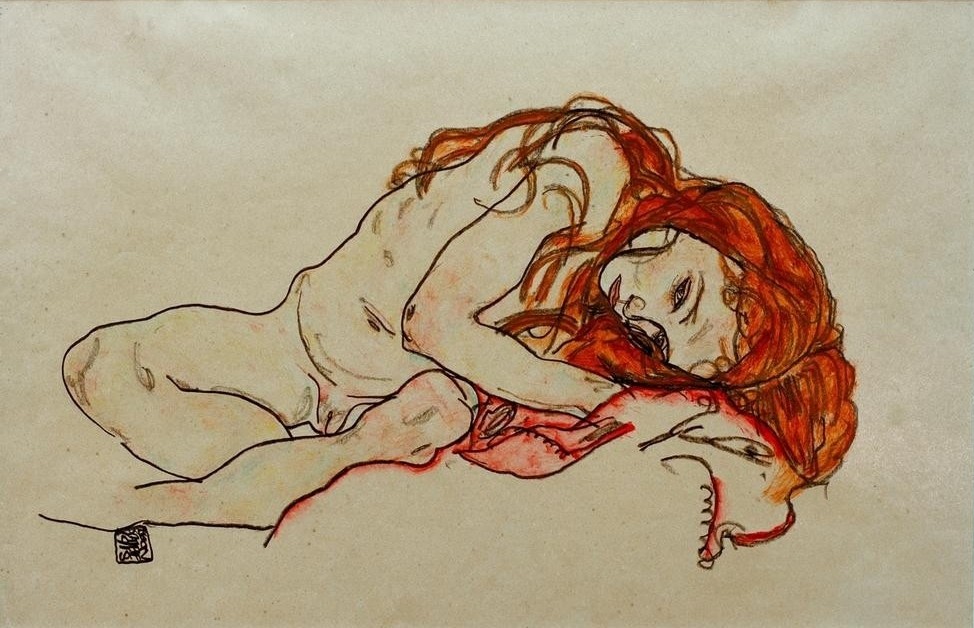 Egon Schiele, Kauerndes Mädchen mit gesenktem Kopf (Frau,Mädchen,Akt,Expressionismus,Österreichische Kunst,Kauern)