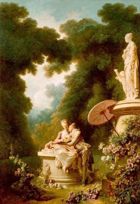 Jean-Honoré Fragonard, The Progress of Love: Love Letters (Park, Garten, Liebespaar, Liebesbrief, Werben, Flirt, Romanze, Sommer, Treppenhaus, Wohnzimmer, Rokoko, Klassiker, Wunschgröße, Malerei, bunt)