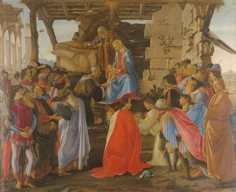 Sandro Botticelli, Die Anbetung der Könige (Stall, Heilige Familie, Heilige drei Könige, Frührenaissance, Neues Testament, Christentum, religiös, Wunschgröße, Malerei, Klassiker, Wohnzimmer, bunt)