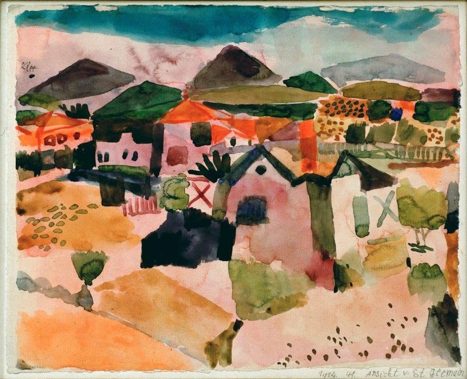 Paul Klee, Ansicht v. St. Germain (Deutsche Kunst,Dorf,Kunst,Landschaft,Expressionismus,Der Blaue Reiter,Architekturdarstellung,Schweizerische Kunst,Die Tunisreise, Klassische Moderne, Wunschgröße, Wohnzimmer, Treppenhaus)