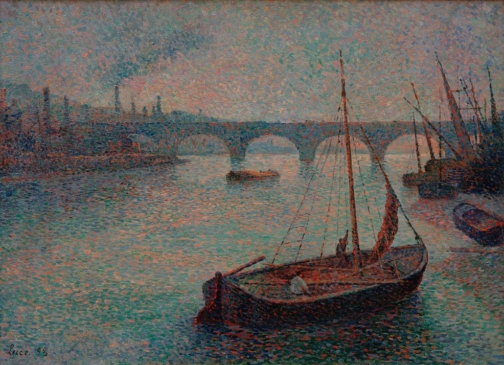 Maximilien Luce, Le port de Londres  (Städte, London, Hafen, Segelboot, Brücke, Themse, Fluss, Klassiker, Pointilismus, Wohnzimmer, Malerei, Wunschgröße, bunt)