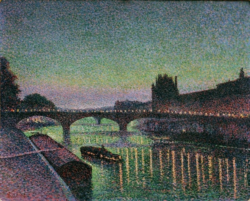 Maximilien Luce, Le Louvre et le Pont du Caroussel, effet de Nuit  (Städte, Paris, Fluss, Seine, Museum, Louvre, GEbäude, Brücke, Nachtszene, Klassiker, Pointilismus, Wohnzimmer, Malerei, Wunschgröße, bunt)
