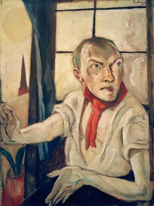 Max Beckmann, Selbstbildnis mit rotem Schal (Persönlichkeiten, Beckmann, Selbstportrait, Künstler, roter Schal, Expressionismus, Klassische Moderne, Malerei, Wohnzimmer, Treppenhaus, Wunschgröße, bunt)