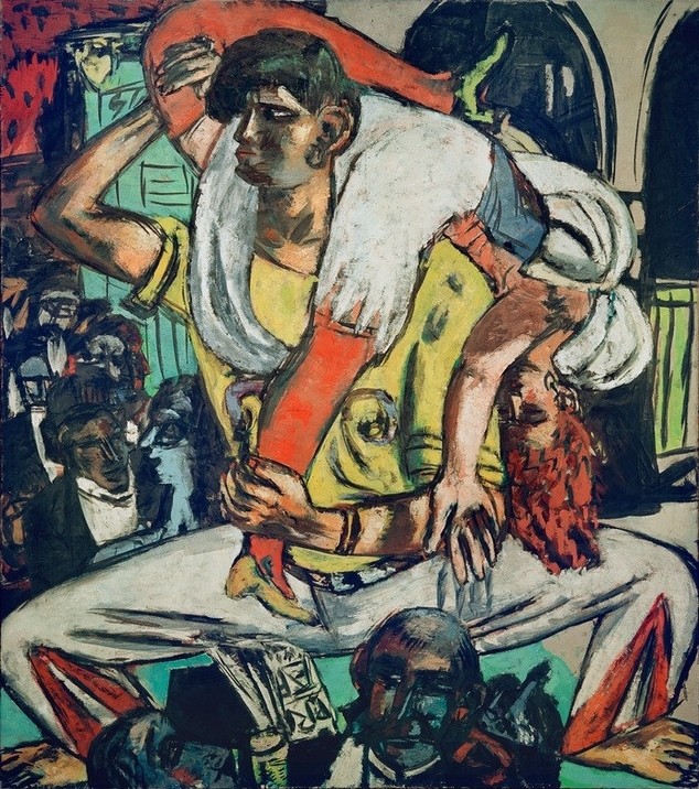 Max Beckmann, Apachentanz (Tänzer, Akrobaten, Show, Publikum, Expressionismus, Klassische Moderne, Malerei, Wohnzimmer, Treppenhaus, Wunschgröße, bunt)