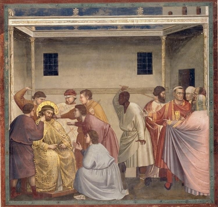 Giotto di Bondone, Geißelung Christi (Geißelung, Pein, Gewalt, Qual, Judenkönig, Passion, Klassiker, Gotik, Religion, Christentum, Neues Testament, Malerei, Wunschgröße, Schlafzimmer, Wohnzimmer, bunt)