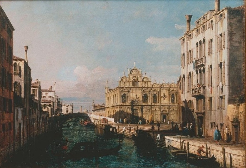 Bernardo Bellotto, Der Rio dei Mendicanti und die Scuola di S. Marco (Venedig, Städte, Architektur,  Kanal, Krankenhaus, Vedute, Stadtansicht, Kanal, Gondeln, historisch, Rokoko, Malerei, Wohnzimmer, Wunschgröße, Klassiker, bunt)