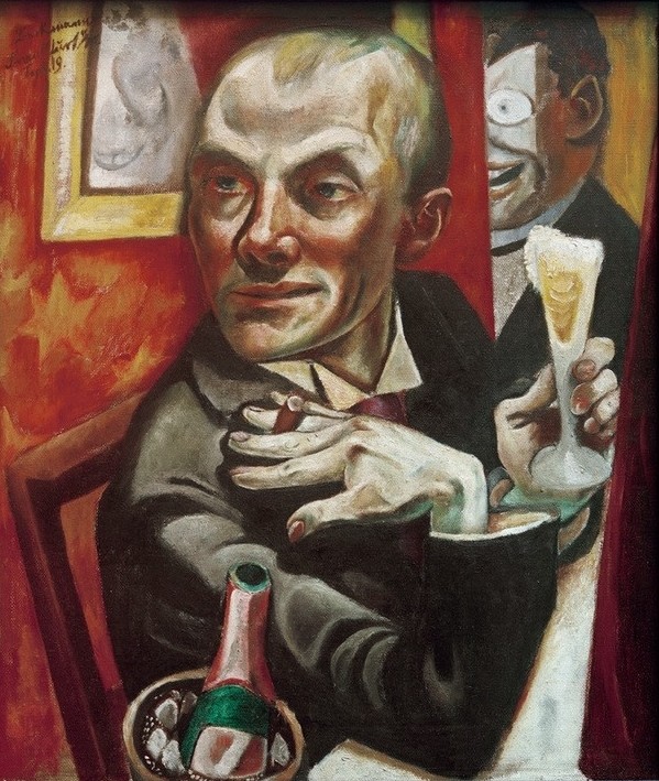 Max Beckmann, untitled (Selbstportrait, Protait, Bar, Zigarre, Champagner, Boheme, Persönlichkeiten, Expressionismus, Klassische Moderne, Malerei, Wohnzimmer, Treppenhaus, Wunschgröße, bunt)