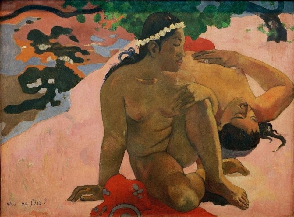 Paul Gauguin, Aha oe feii? (Eifersucht,Erotik,Frau,Jugend (Lebensalter),Landschaft,Völkerkunde,Blumenkranz,Naturvölker,Akt,Französische Kunst,Haarschmuck,Exotik,Gespräch Unter Frauen,Frauenleben,Kommunikation,Schwarze Haare,Entspannung,Ureinwohnerin,Rosa (Farbe),Naturverbundenheit,S)