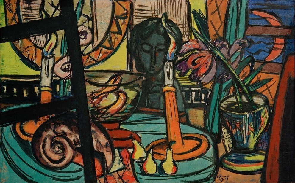 Max Beckmann, Stilleben mit schwarzer Plastik (Stillleben, Expressionismus, Klassische Moderne, Malerei, Wohnzimmer, Treppenhaus, Wunschgröße, bunt)