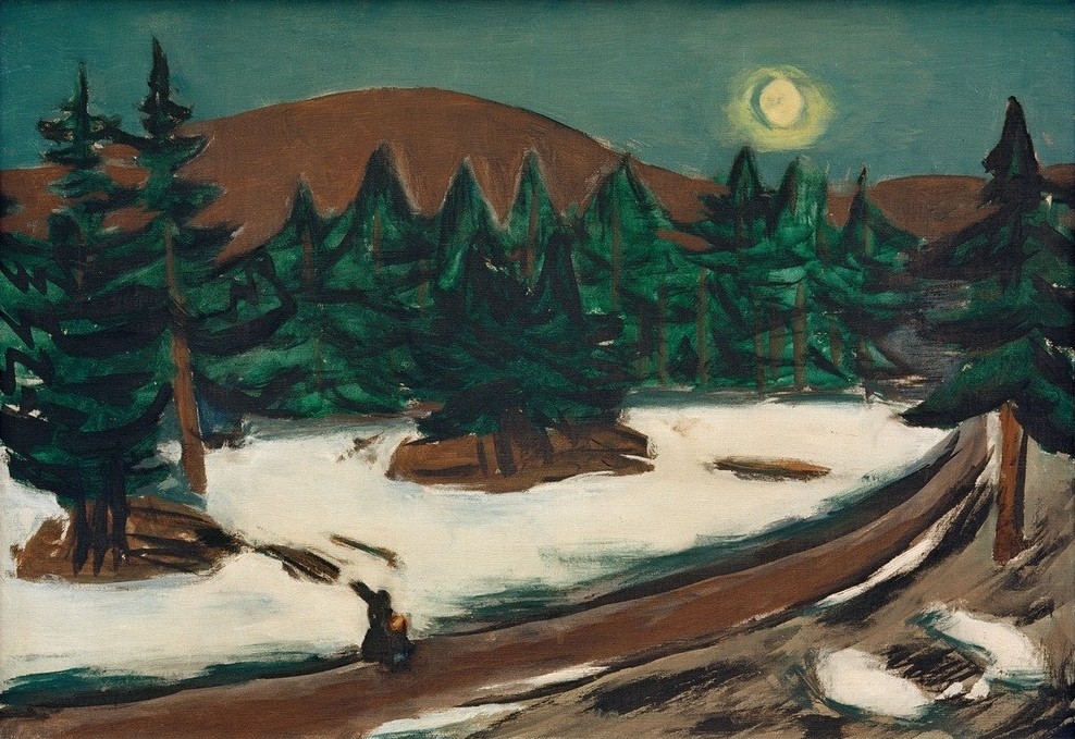 Max Beckmann, Mondlandschaft im Gebirge mit Schnee (Landschaft, Nachtszene, Natur, winter, Mond, Schnee, Tannen, Expressionismus, Klassische Moderne, Malerei, Wohnzimmer, Treppenhaus, Wunschgröße, bunt)