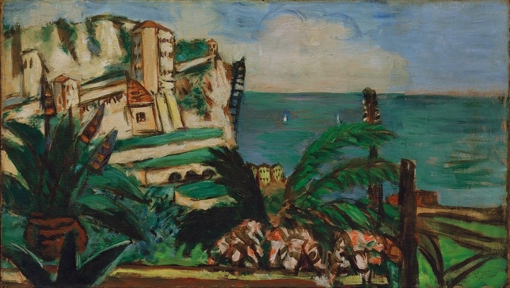 Max Beckmann, Rivieralandschaft mit Felsen (Expressionismus, Klassische Moderne, Malerei, Wohnzimmer, Treppenhaus, Wunschgröße, bunt)