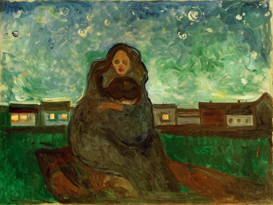 Edvard Munch, Unter den Sternen (Haus,Himmel (Natur),Liebe Und Ehe,Liebespaar,Mensch,Stern,Abend,Expressionismus,Wiese,Umarmung,Norwegische Kunst,Trost,Paar,Jahrhundertwende)