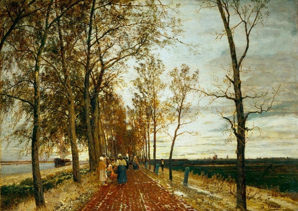 Tina Blau, Allee bei Amsterdam  (Landschaft, Landschaftsmalerei, Allee, Spaziergänger, Natur, Idylle, Klassiker, Jugendstil, Wunschgröße, Wohnzimmer, bunt)