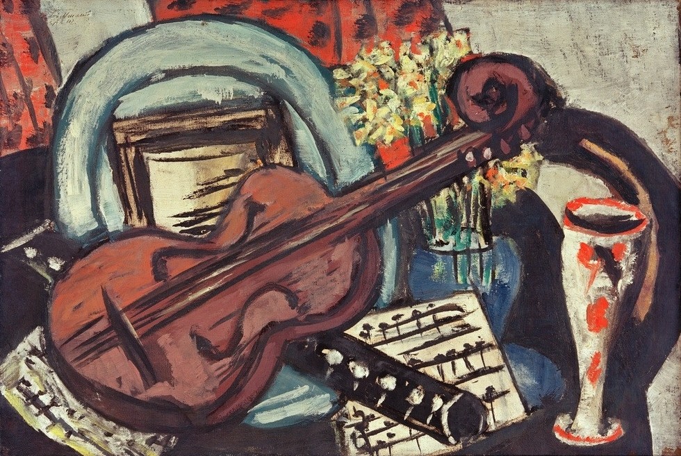Max Beckmann, Stilleben mit Geige und Flöte (Stillleben, Expressionismus, Klassische Moderne, Malerei, Wohnzimmer, Treppenhaus, Wunschgröße, bunt)