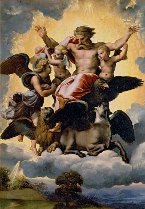 Raffael, Die Vision des Ezechiel (Engel,Renaissance,Altes Testament,Bibel,Putto,Vision,Prophet,Gottvater,Italienische Kunst,Evangelistensymbole,Schweben,Jüdisch-Christlich)