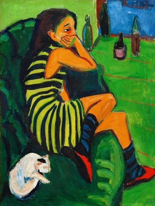 Ernst Ludwig Kirchner, Artistin – Marcella (Deutsche Kunst,Fahrendes Volk,Jugend (Lebensalter),Katze (Tier),Kind,Kunst,Mädchen,Mensch,Mode,Portrait,Expressionismus,Kind Und Tier,Die Brücke,Kleid,Ausruhen,Muster,Tier,Sitzen,Querstreifen,Streifen,Kopf Stützen,Ganzfigurig,Gemustert,Artistin)