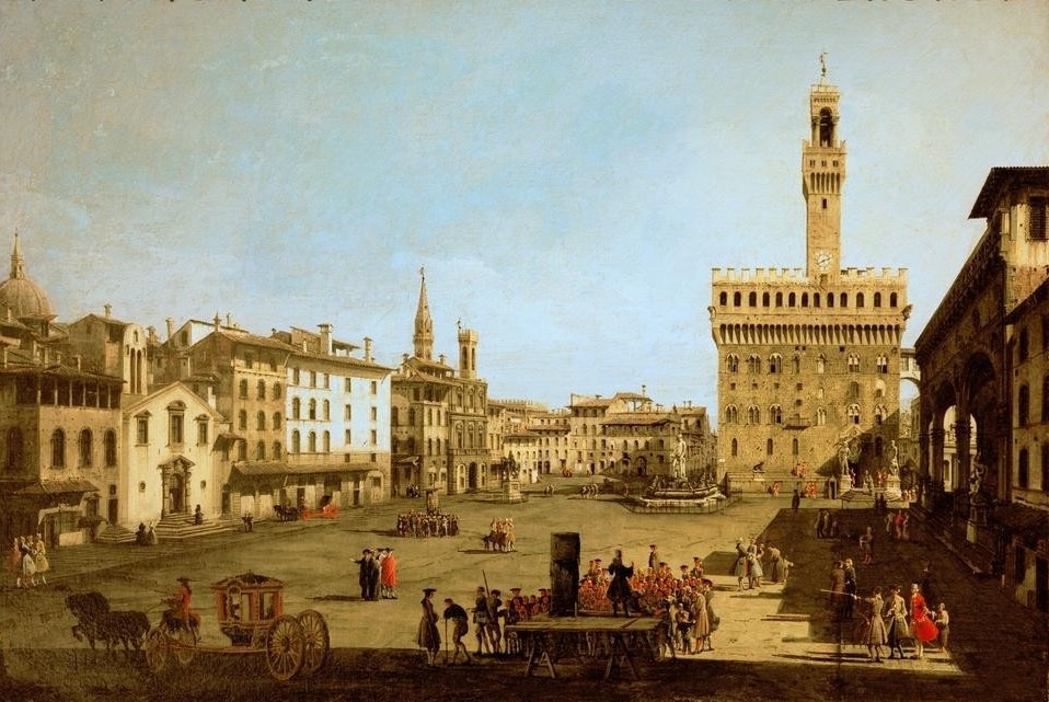 Bernardo Bellotto, Piazza della Signoria (Städte, Florenz, Italien, Vedute, mittelalterliche Stadt, Palast, historisch, Malerei, Wohnzimmer, Wunschgröße, Klassiker, bunt)