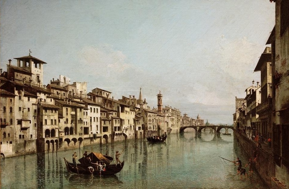 Bernardo Bellotto, Der Arno in Florenz mit dem Ponte Santa Trinità (Städte, Florenz, Italien, Fluss, Arno, Boote, Fischer,  Brücke, Vedute, mittelalterliche Stadt,  historisch, Malerei, Wohnzimmer, Wunschgröße, Klassiker, bunt)