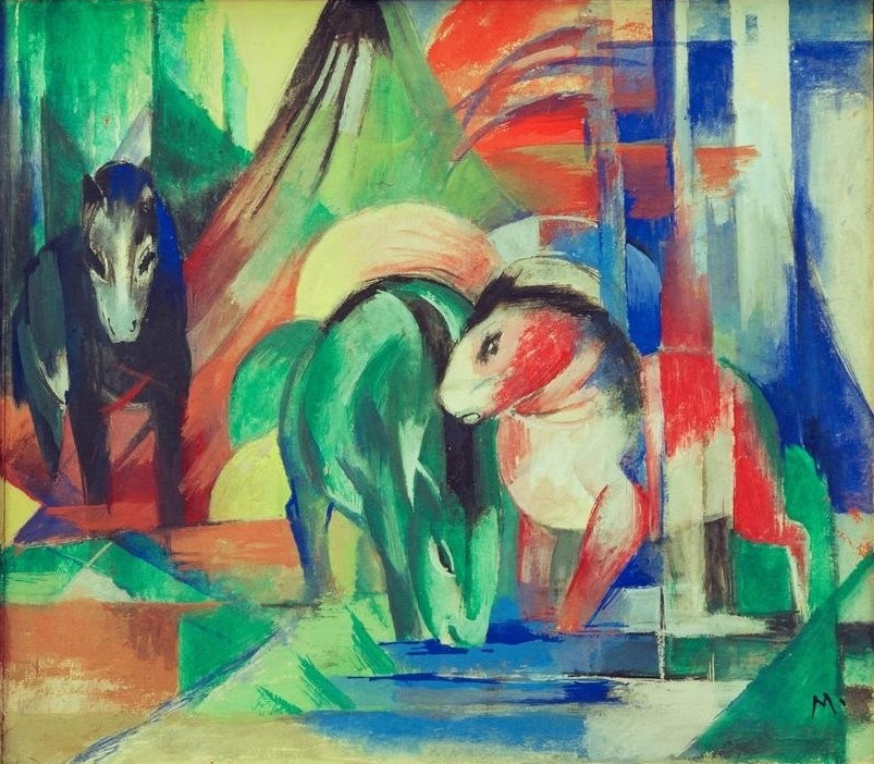 Franz Marc, Drei Pferde an der Tränke (Deutsche Kunst,Kunst,Pferd (Tier),Zoologie,Trinken,Expressionismus,Tränke,Der Blaue Reiter,Tierleben,Tier,Monogramm,Farbigkeit)