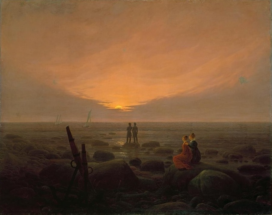 Caspar David Friedrich, Mondaufgang am Meer (Astronomie,Deutsche Kunst,Frau,Freundschaft (Allgemein),Himmel (Natur),Küste,Kunst,Landschaft,Licht Und Beleuchtung,Mann,Mensch,Mond,Schiff,Sehnsucht (Gefühl),Strand,Wolke,Tageszeiten,Abend,Nacht,Meer,Segelboot,Allegorie,Fernweh,Anker,Rückenfigur,Licht,Ha)