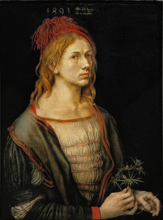 Albrecht Dürer, Selbstbildnis (Botanik,Deutsche Kunst,Distel,Eryngium,Grafiker,Kopfbedeckung,Künstler,Kupferstecher,Maler (Künstler),Mann,Zeichner,Selbstbildnis,Renaissance,Hand,Portrait,Brautwerbung,Kleidung (Allgemein),Männertreu,Bräutigam,Person,Blume Als Symbol,Holzschneider,Frisur)