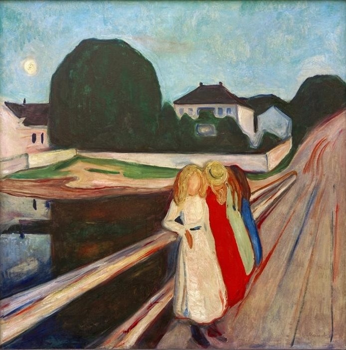 Edvard Munch, Vier Mädchen auf der Brücke (Brücke,Frau,Freundschaft (Allgemein),Jugendstil,Kunst,Mädchen,Freizeit,Spaziergang,Expressionismus,Langeweile,Norwegische Kunst,Jugendliche,Frauenleben,Nichtstun,Jahrhundertwende,Skandinavische Kunst)